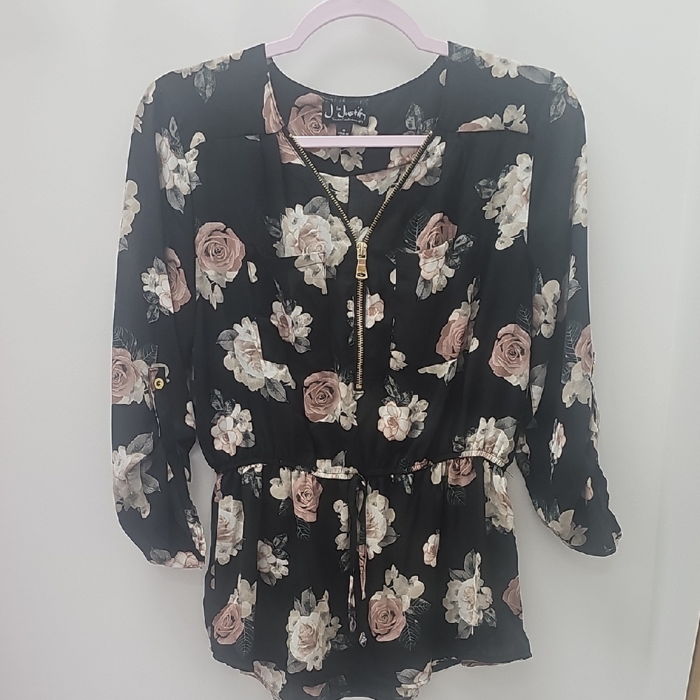 Black Floral 3/4 Sleeve Blouse with Mandarin Collar